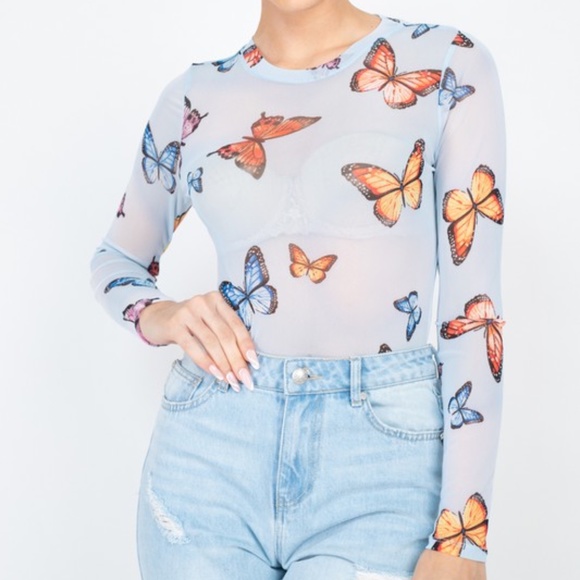 🦋 Light Blue Butterfly Sheer Mesh Long Sleeve Top - Picture 2 of 6